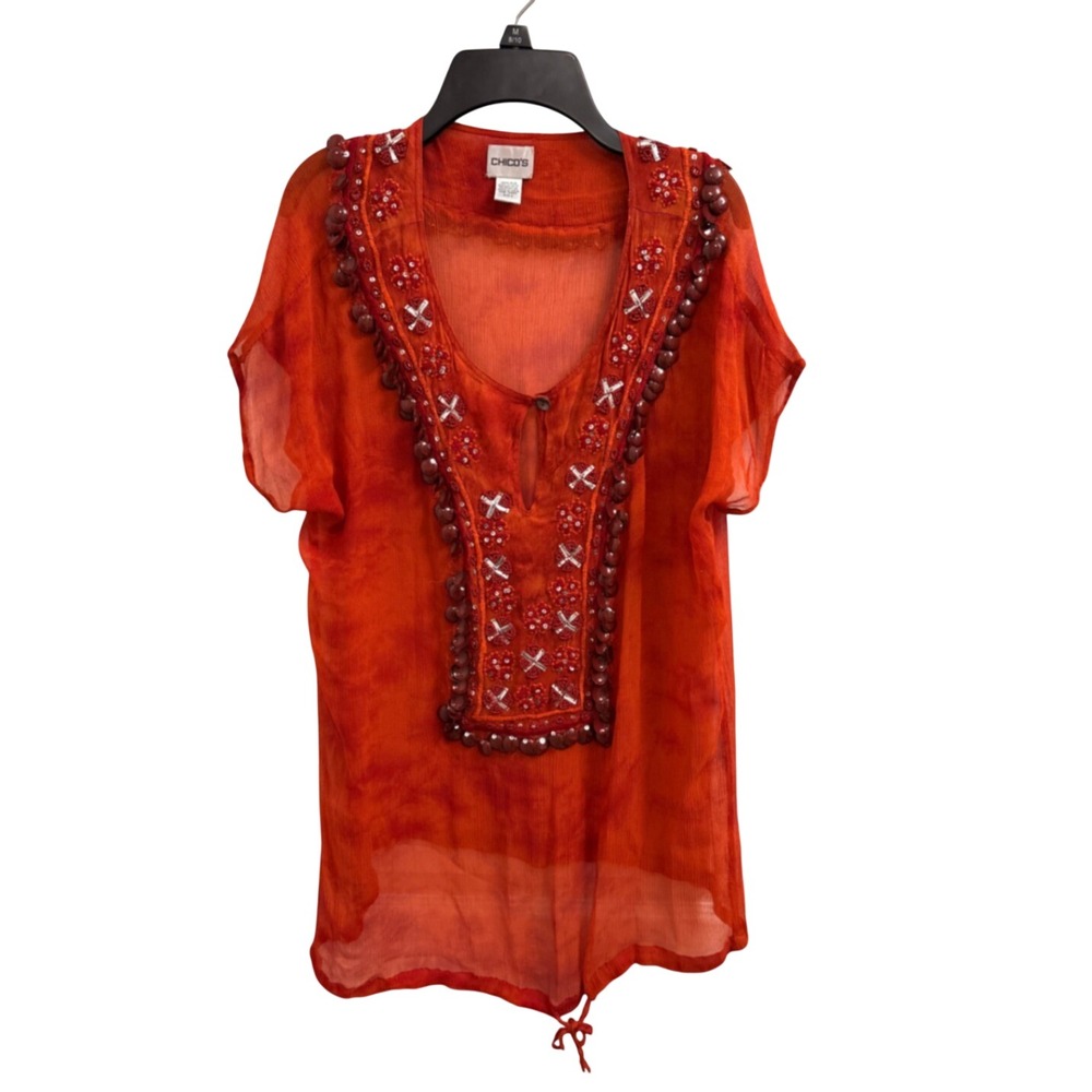 Beaded Y2K Boho Tunic Top Chicos Womens Size 0 Orange Silk Sheer Tie Dye Blouse